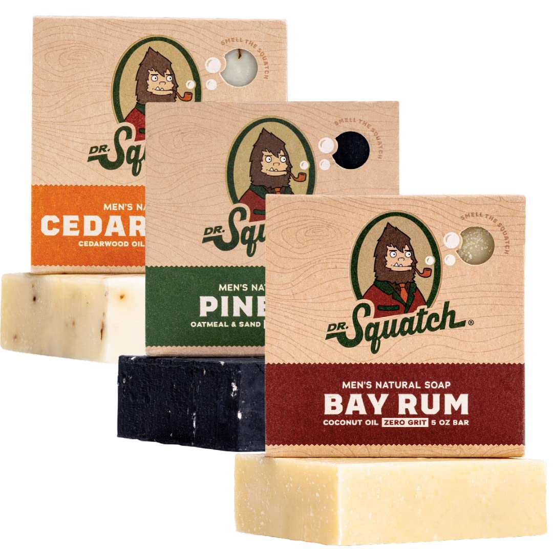 Dr. Squatch Natural Bar Soap for Men - Cold Process Soap with No Harsh Chemicals - Wood Barrel Bourbon, Fresh Falls & Birchwood Breeze (5 oz, 3-Pack)