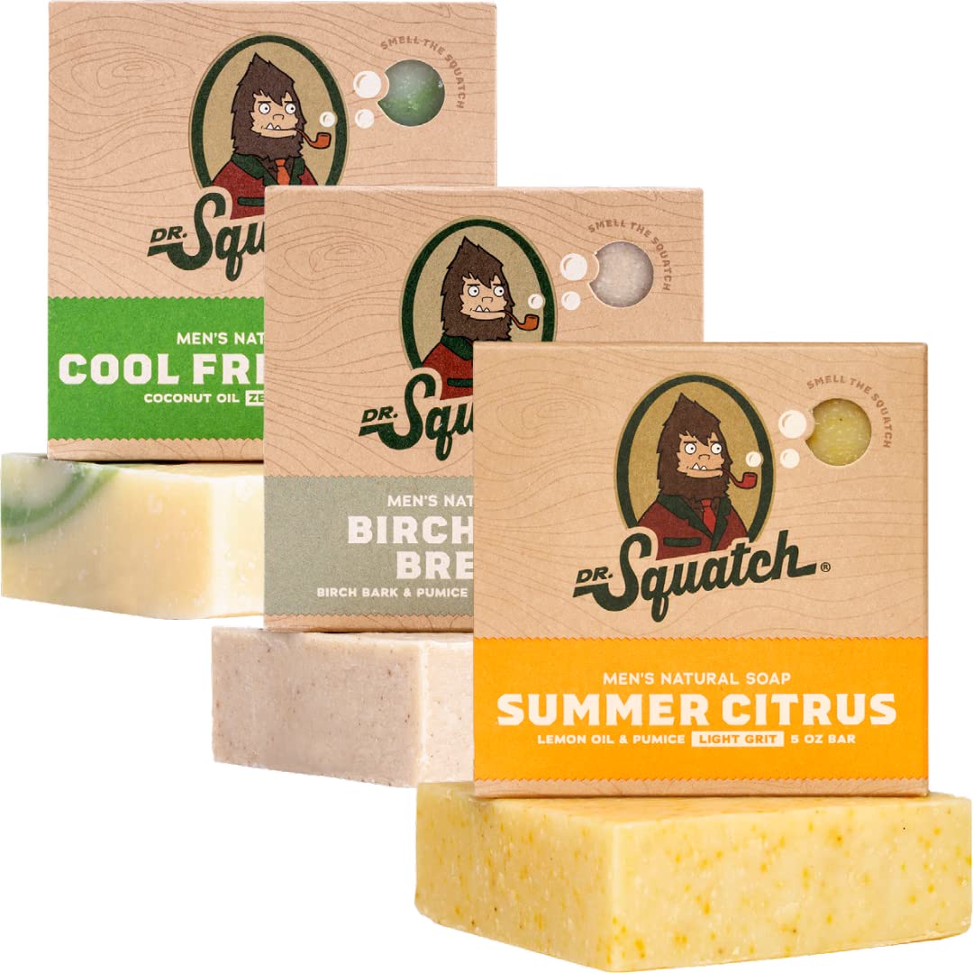Dr. Squatch Natural Bar Soap for Men - Cold Process Soap with No Harsh Chemicals - Wood Barrel Bourbon, Fresh Falls & Birchwood Breeze (5 oz, 3-Pack)