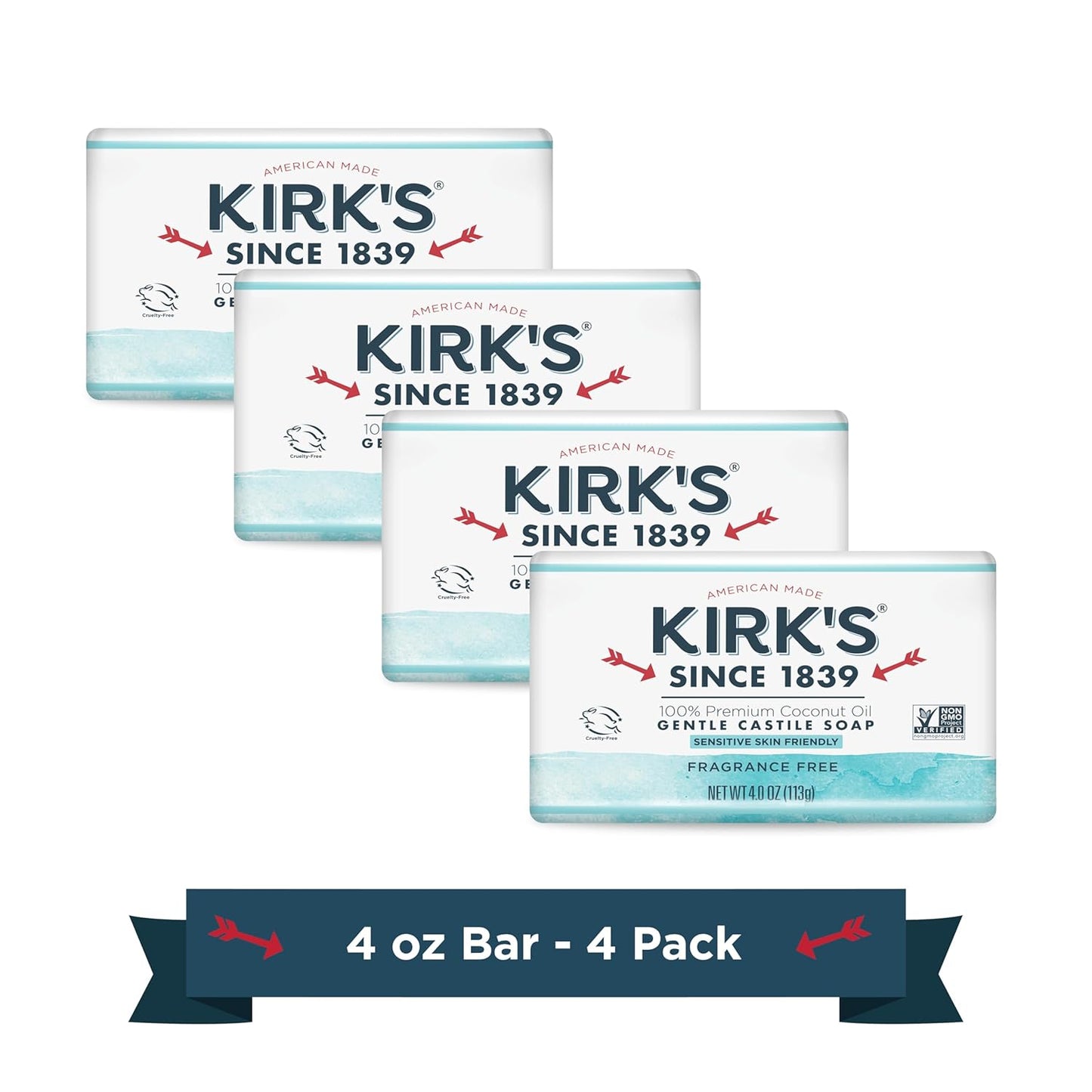 Kirk's Castile Bar Soap for Men, Women & Children - Made With Premium Coconut Oil, Sensitive Skin Formula, Vegan, Non GMO, Original Fresh Scent, 4 oz. Bars, 6 Pack