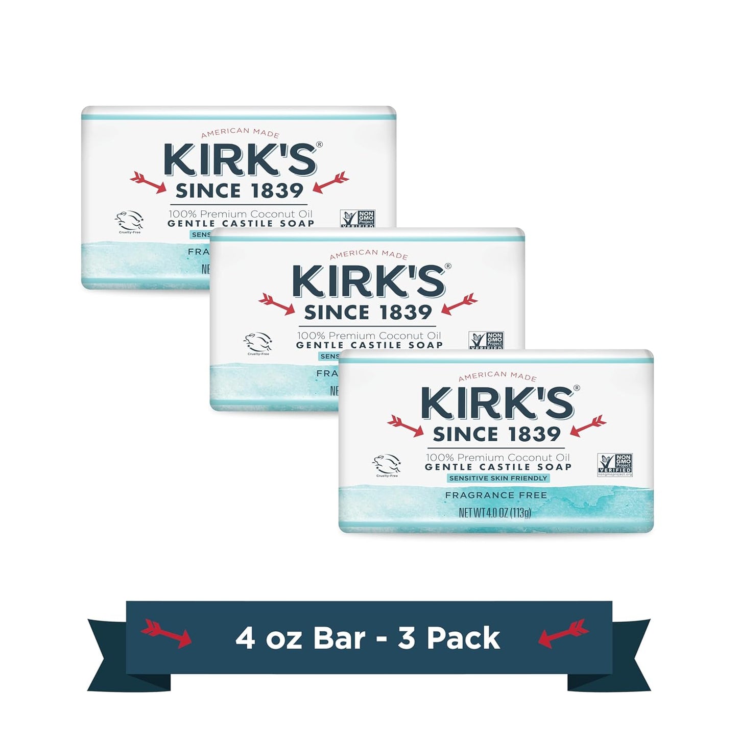 Kirk's Castile Bar Soap for Men, Women & Children - Made With Premium Coconut Oil, Sensitive Skin Formula, Vegan, Non GMO, Original Fresh Scent, 4 oz. Bars, 6 Pack