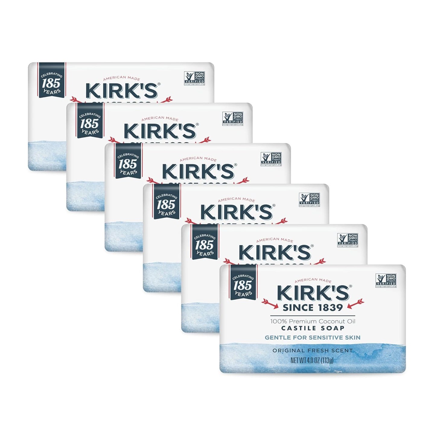 Kirk's Castile Bar Soap for Men, Women & Children - Made With Premium Coconut Oil, Sensitive Skin Formula, Vegan, Non GMO, Original Fresh Scent, 4 oz. Bars, 6 Pack