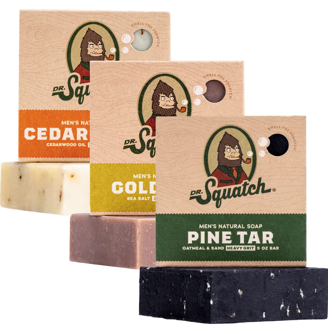 Dr. Squatch Natural Bar Soap for Men - Cold Process Soap with No Harsh Chemicals - Wood Barrel Bourbon, Fresh Falls & Birchwood Breeze (5 oz, 3-Pack)