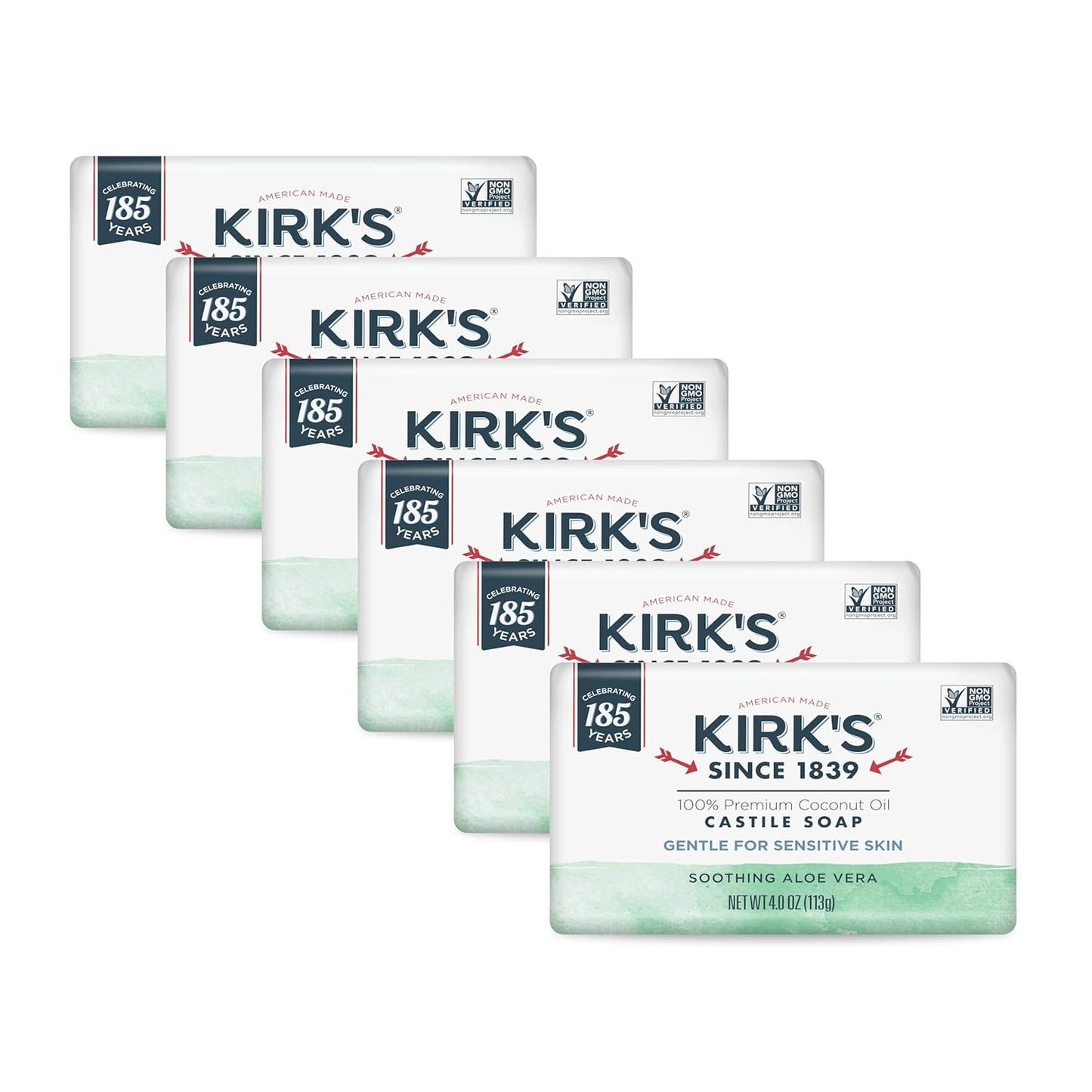 Kirk's Castile Bar Soap for Men, Women & Children - Made With Premium Coconut Oil, Sensitive Skin Formula, Vegan, Non GMO, Original Fresh Scent, 4 oz. Bars, 6 Pack