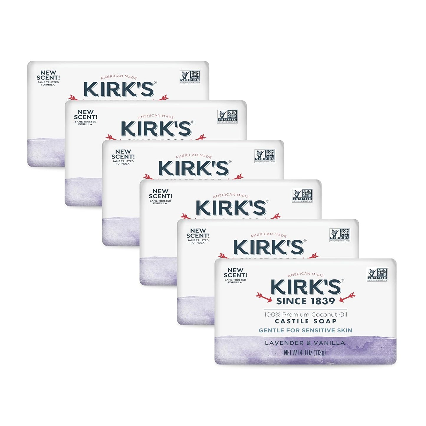 Kirk's Castile Bar Soap for Men, Women & Children - Made With Premium Coconut Oil, Sensitive Skin Formula, Vegan, Non GMO, Original Fresh Scent, 4 oz. Bars, 6 Pack