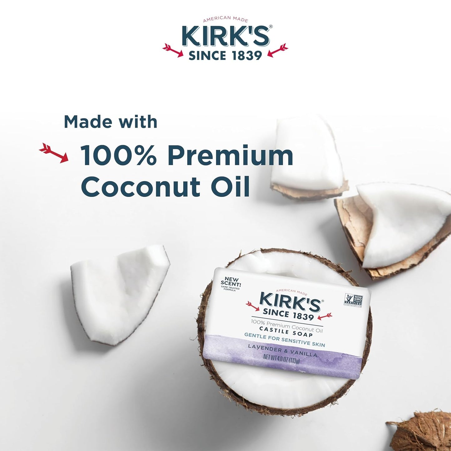 Kirk's Castile Bar Soap for Men, Women & Children - Made With Premium Coconut Oil, Sensitive Skin Formula, Vegan, Non GMO, Original Fresh Scent, 4 oz. Bars, 6 Pack