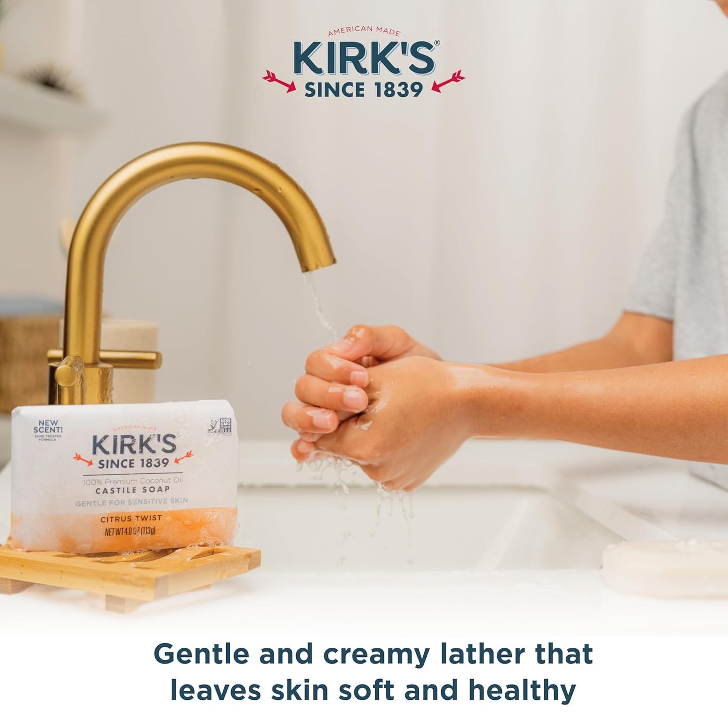Kirk's Castile Bar Soap for Men, Women & Children - Made With Premium Coconut Oil, Sensitive Skin Formula, Vegan, Non GMO, Original Fresh Scent, 4 oz. Bars, 6 Pack