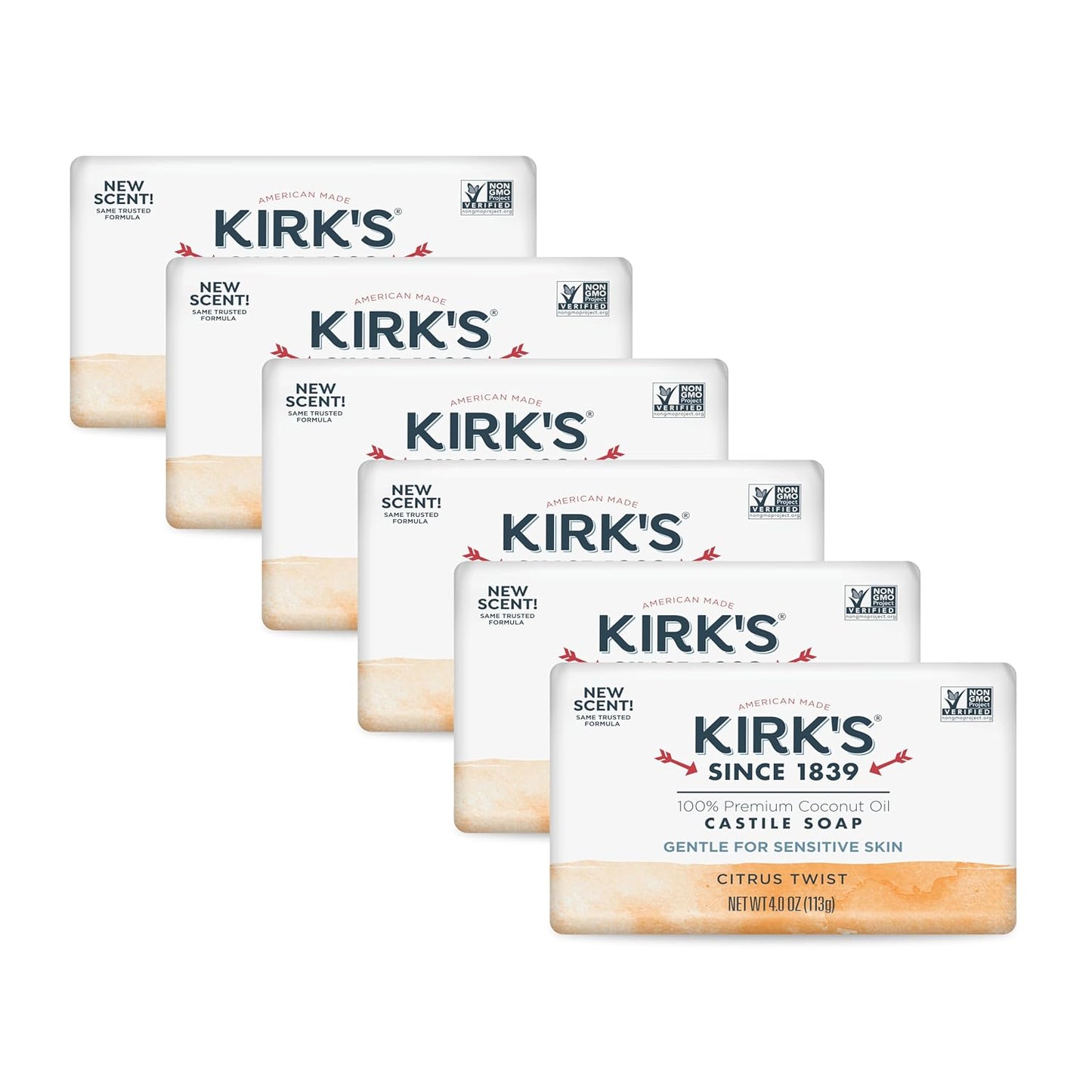 Kirk's Castile Bar Soap for Men, Women & Children - Made With Premium Coconut Oil, Sensitive Skin Formula, Vegan, Non GMO, Original Fresh Scent, 4 oz. Bars, 6 Pack