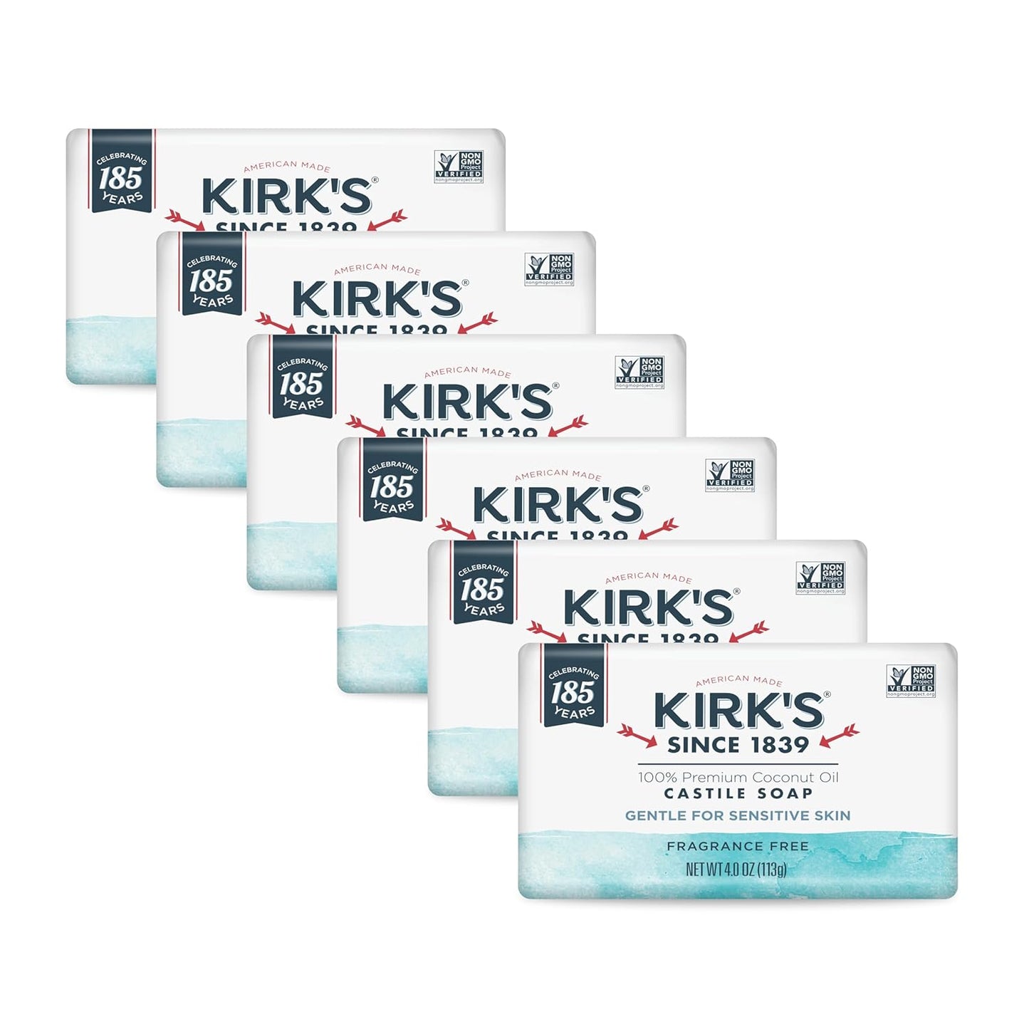 Kirk's Castile Bar Soap for Men, Women & Children - Made With Premium Coconut Oil, Sensitive Skin Formula, Vegan, Non GMO, Original Fresh Scent, 4 oz. Bars, 6 Pack