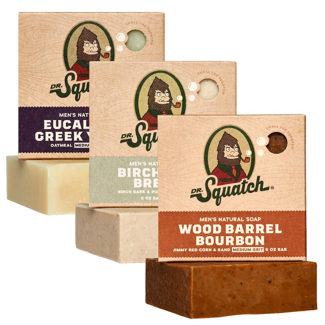 Dr. Squatch Natural Bar Soap for Men - Cold Process Soap with No Harsh Chemicals - Wood Barrel Bourbon, Fresh Falls & Birchwood Breeze (5 oz, 3-Pack)