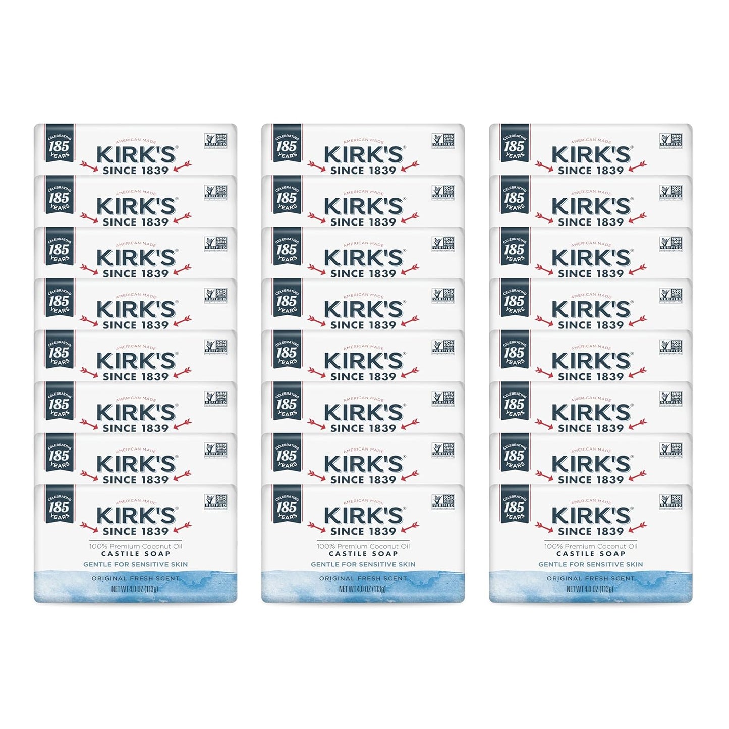 Kirk's Castile Bar Soap for Men, Women & Children - Made With Premium Coconut Oil, Sensitive Skin Formula, Vegan, Non GMO, Original Fresh Scent, 4 oz. Bars, 6 Pack