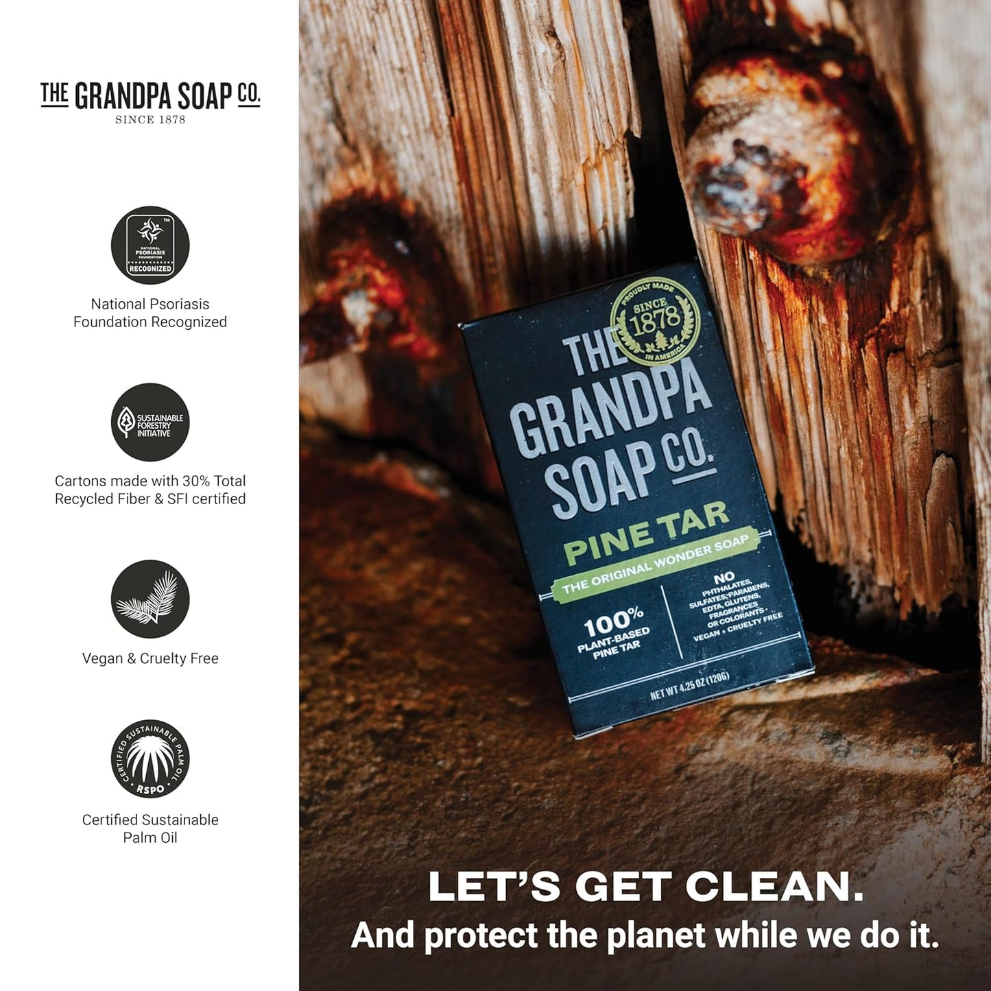 The Grandpa Soap Company Pine Tar Bar Soap for Men- Made With Pine Tar Oil, 3 in 1 Cleanser Deodorizer and Moisturizer, Dermatologist Tested, Safe for Sensitive Skin, 3.25 Oz, 6 Pack