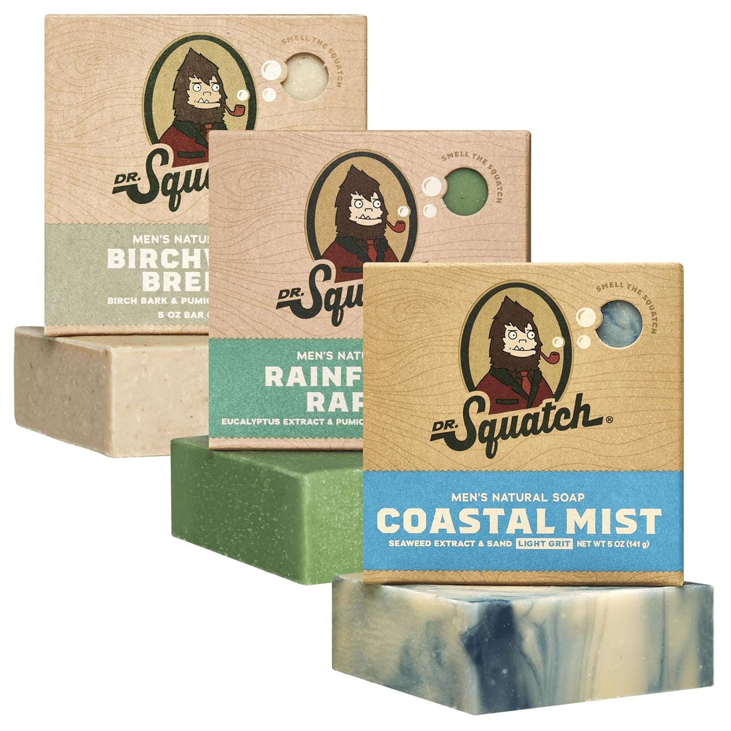 Dr. Squatch Natural Bar Soap for Men - Cold Process Soap with No Harsh Chemicals - Wood Barrel Bourbon, Fresh Falls & Birchwood Breeze (5 oz, 3-Pack)