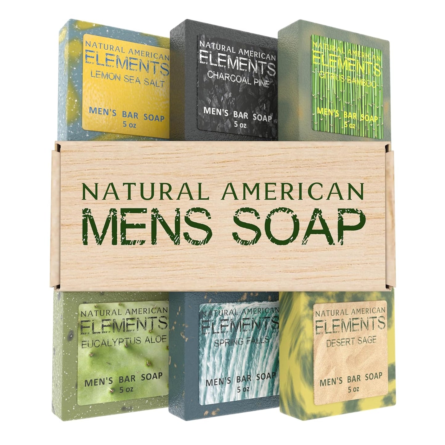 NATURAL AMERICAN Mens Organic Bar Soap, Masculine Scents, 100% Natural Soap for Men - Essential Oils, Organic Shea Butter Natural Body Soap, Natural Bar Soap for Men - ELEMENTS Body Soap 5 oz (6pk)