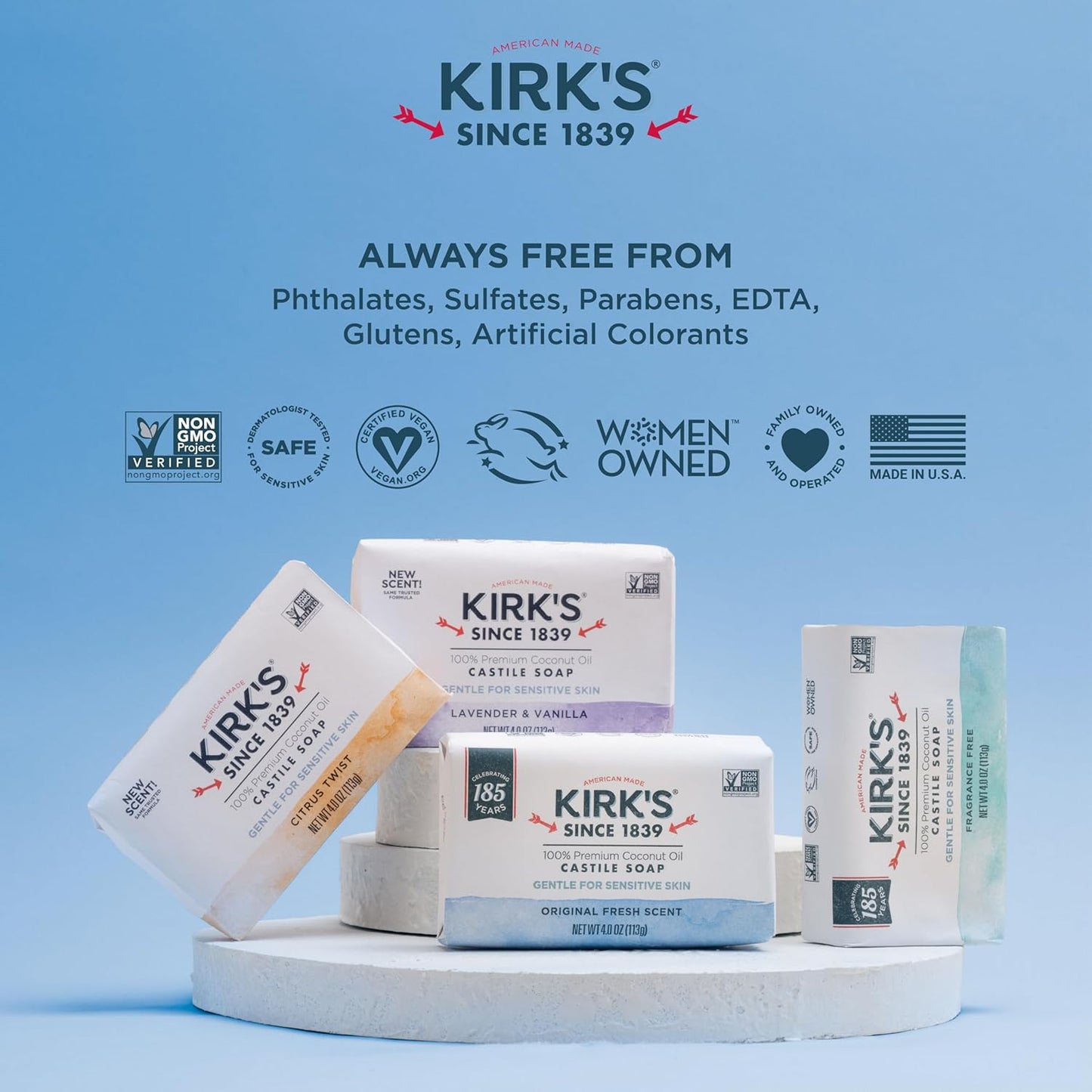 Kirk's Castile Bar Soap for Men, Women & Children - Made With Premium Coconut Oil, Sensitive Skin Formula, Vegan, Non GMO, Original Fresh Scent, 4 oz. Bars, 6 Pack