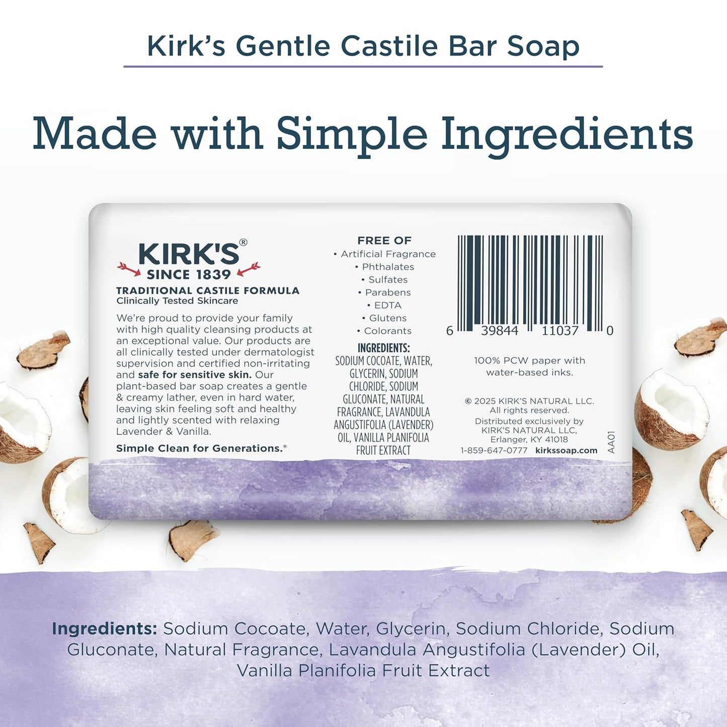 Kirk's Castile Bar Soap for Men, Women & Children - Made With Premium Coconut Oil, Sensitive Skin Formula, Vegan, Non GMO, Original Fresh Scent, 4 oz. Bars, 6 Pack