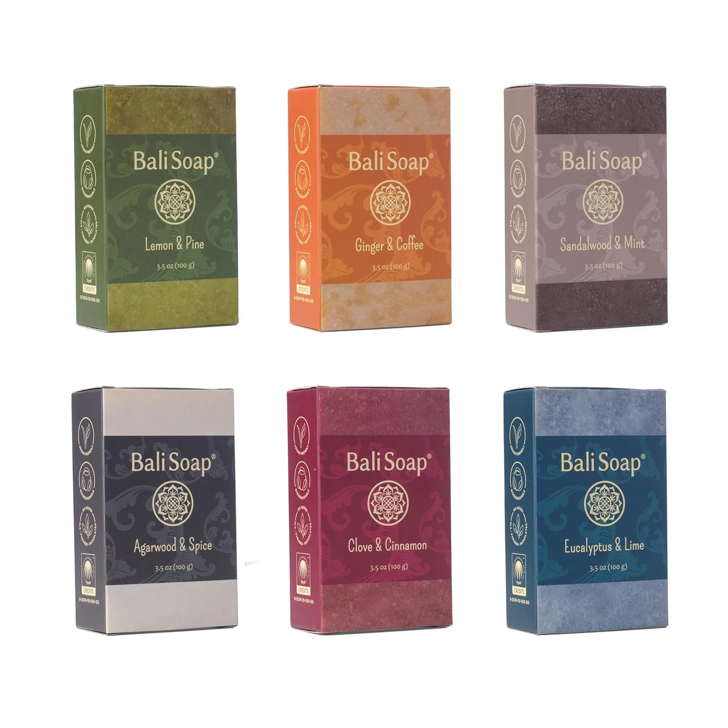 Bali Soap - Masculine Collection Natural Soap Bar Gift Set, 6 pc Variety Pack, Lemon-Pine, Ginger-Coffee, Sandalwood-Mint, Agarwood-Spice, Clove-Cinnamon, Eucalyptus-Lime 3.5 Oz each