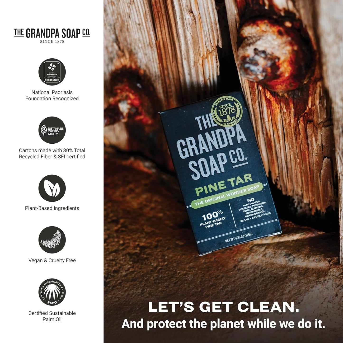 The Grandpa Soap Company Pine Tar Bar Soap for Men- Made With Pine Tar Oil, 3 in 1 Cleanser Deodorizer and Moisturizer, Dermatologist Tested, Safe for Sensitive Skin, 3.25 Oz, 6 Pack