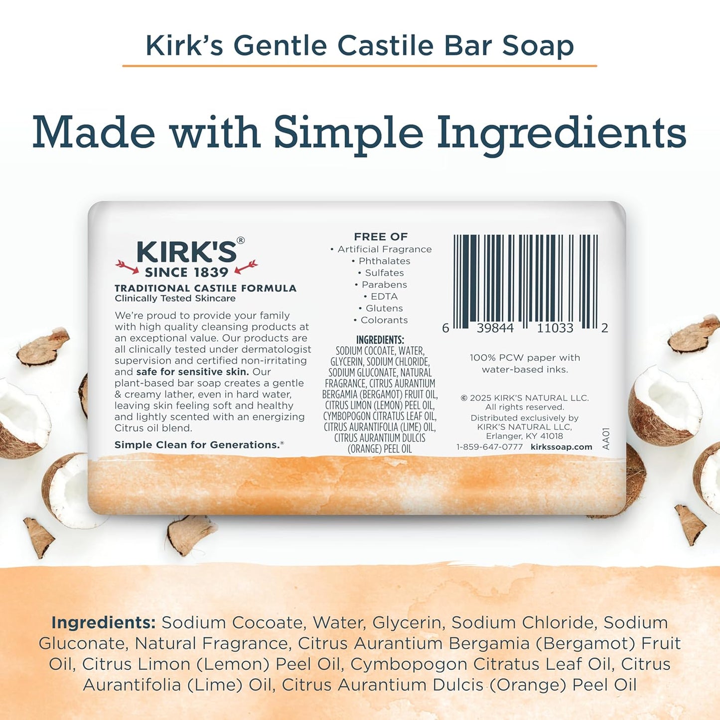 Kirk's Castile Bar Soap for Men, Women & Children - Made With Premium Coconut Oil, Sensitive Skin Formula, Vegan, Non GMO, Original Fresh Scent, 4 oz. Bars, 6 Pack