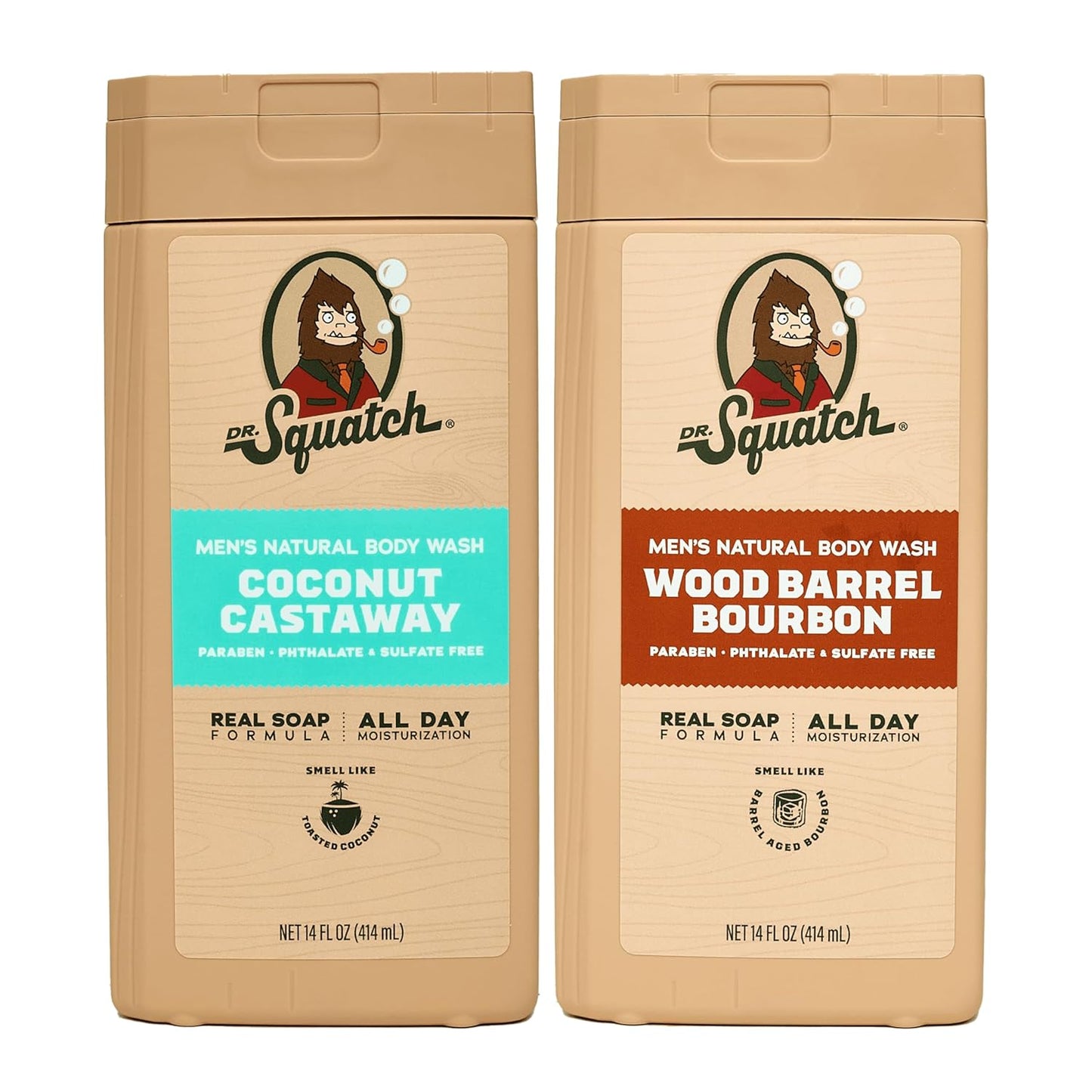 Dr. Squatch NEW Body Wash for Men with Nourishing, Natural Ingredients | No Paraben, Phthalate, Sulfate | All Day Moisture | Long Lasting Scent | Pine Tar & Coconut Castaway (14 oz, 2-Pack)