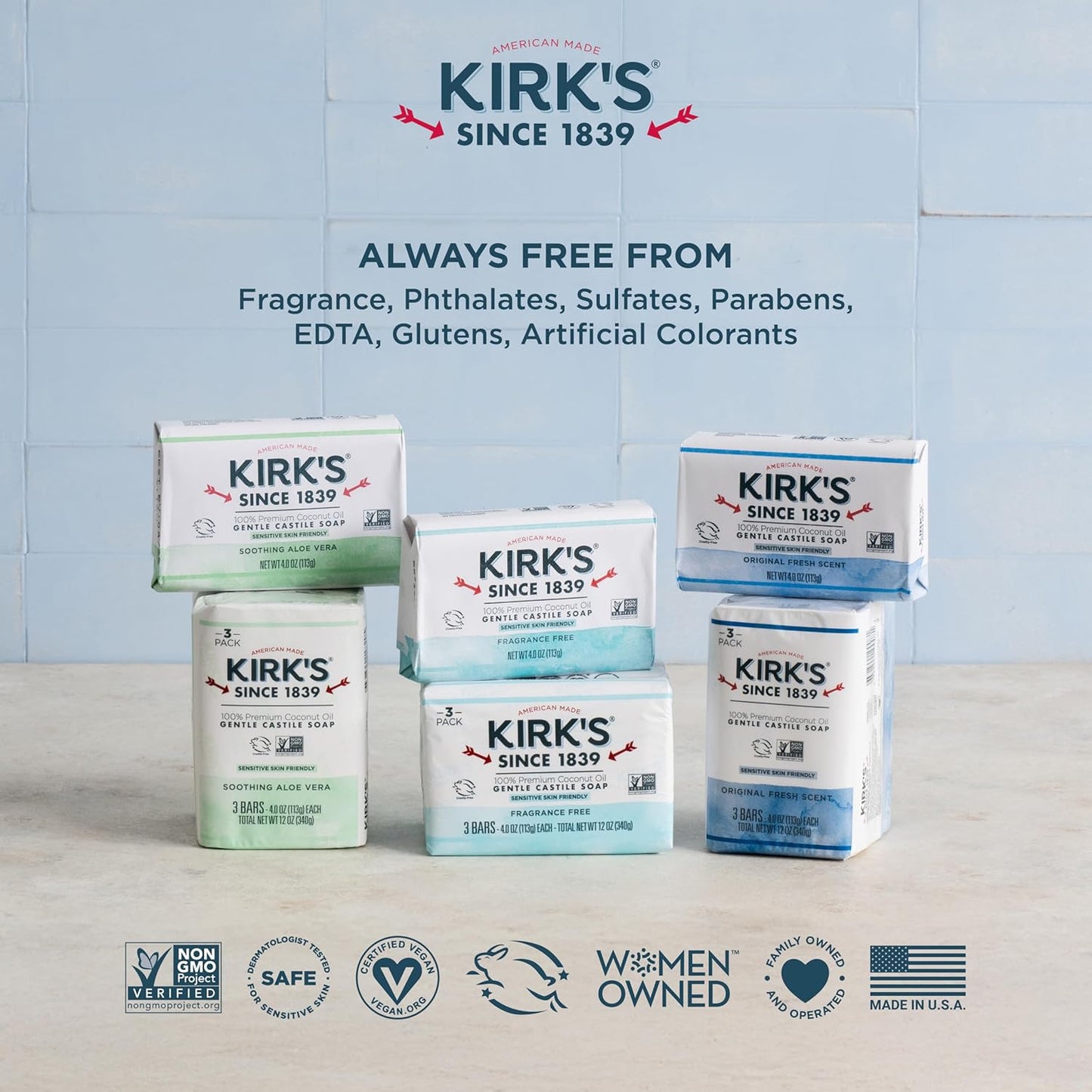 Kirk's Castile Bar Soap for Men, Women & Children - Made With Premium Coconut Oil, Sensitive Skin Formula, Vegan, Non GMO, Original Fresh Scent, 4 oz. Bars, 6 Pack