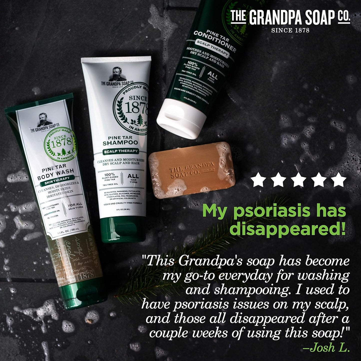 The Grandpa Soap Company Pine Tar Bar Soap for Men- Made With Pine Tar Oil, 3 in 1 Cleanser Deodorizer and Moisturizer, Dermatologist Tested, Safe for Sensitive Skin, 3.25 Oz, 6 Pack