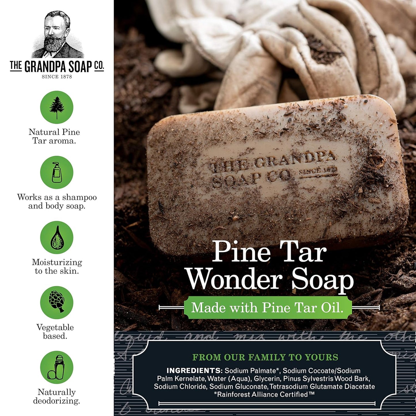 The Grandpa Soap Company Pine Tar Bar Soap for Men- Made With Pine Tar Oil, 3 in 1 Cleanser Deodorizer and Moisturizer, Dermatologist Tested, Safe for Sensitive Skin, 3.25 Oz, 6 Pack