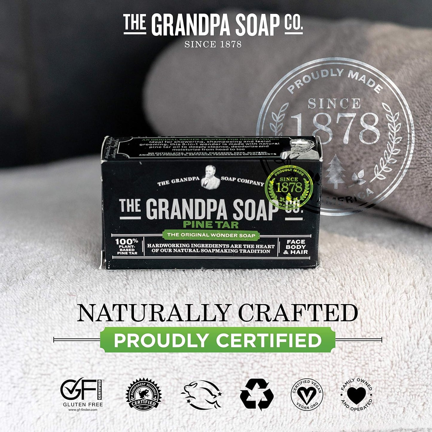 The Grandpa Soap Company Pine Tar Bar Soap for Men- Made With Pine Tar Oil, 3 in 1 Cleanser Deodorizer and Moisturizer, Dermatologist Tested, Safe for Sensitive Skin, 3.25 Oz, 6 Pack