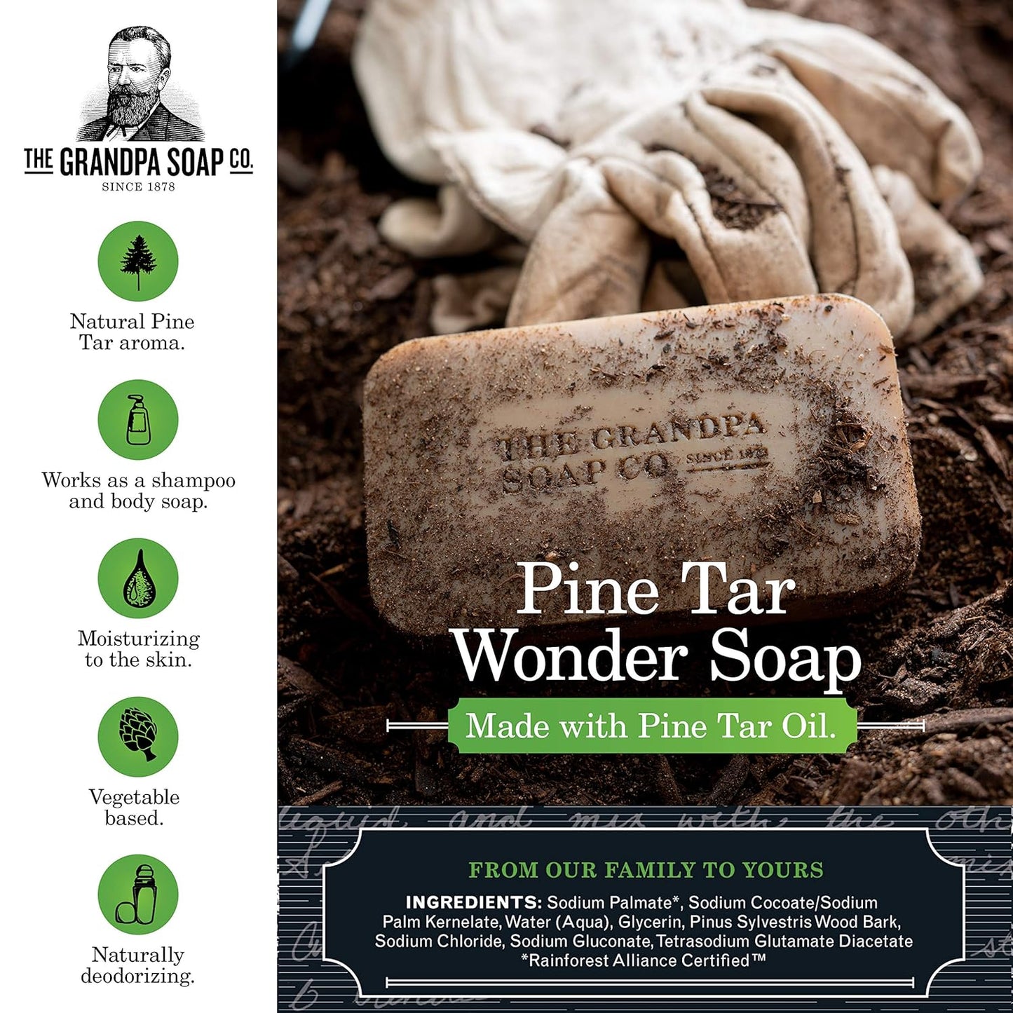 The Grandpa Soap Company Pine Tar Bar Soap for Men- Made With Pine Tar Oil, 3 in 1 Cleanser Deodorizer and Moisturizer, Dermatologist Tested, Safe for Sensitive Skin, 3.25 Oz, 6 Pack