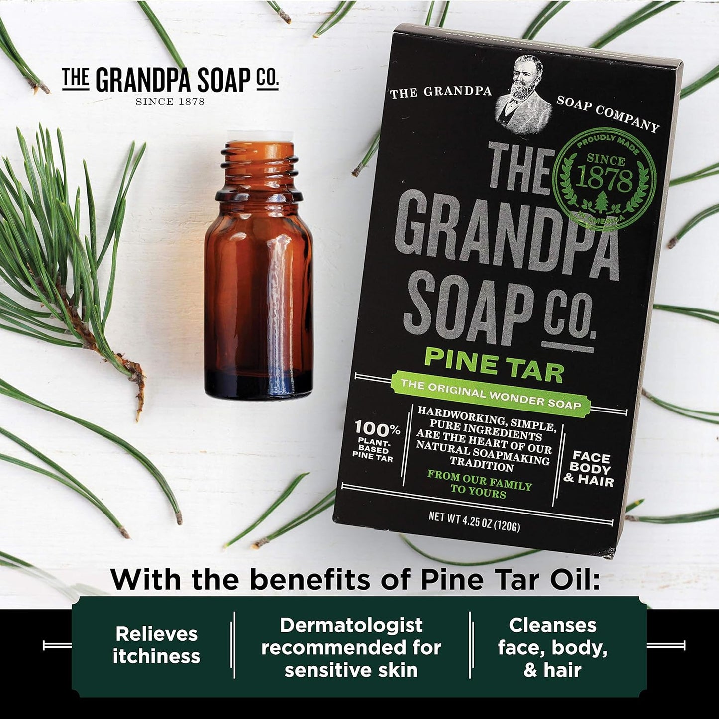 The Grandpa Soap Company Pine Tar Bar Soap for Men- Made With Pine Tar Oil, 3 in 1 Cleanser Deodorizer and Moisturizer, Dermatologist Tested, Safe for Sensitive Skin, 3.25 Oz, 6 Pack