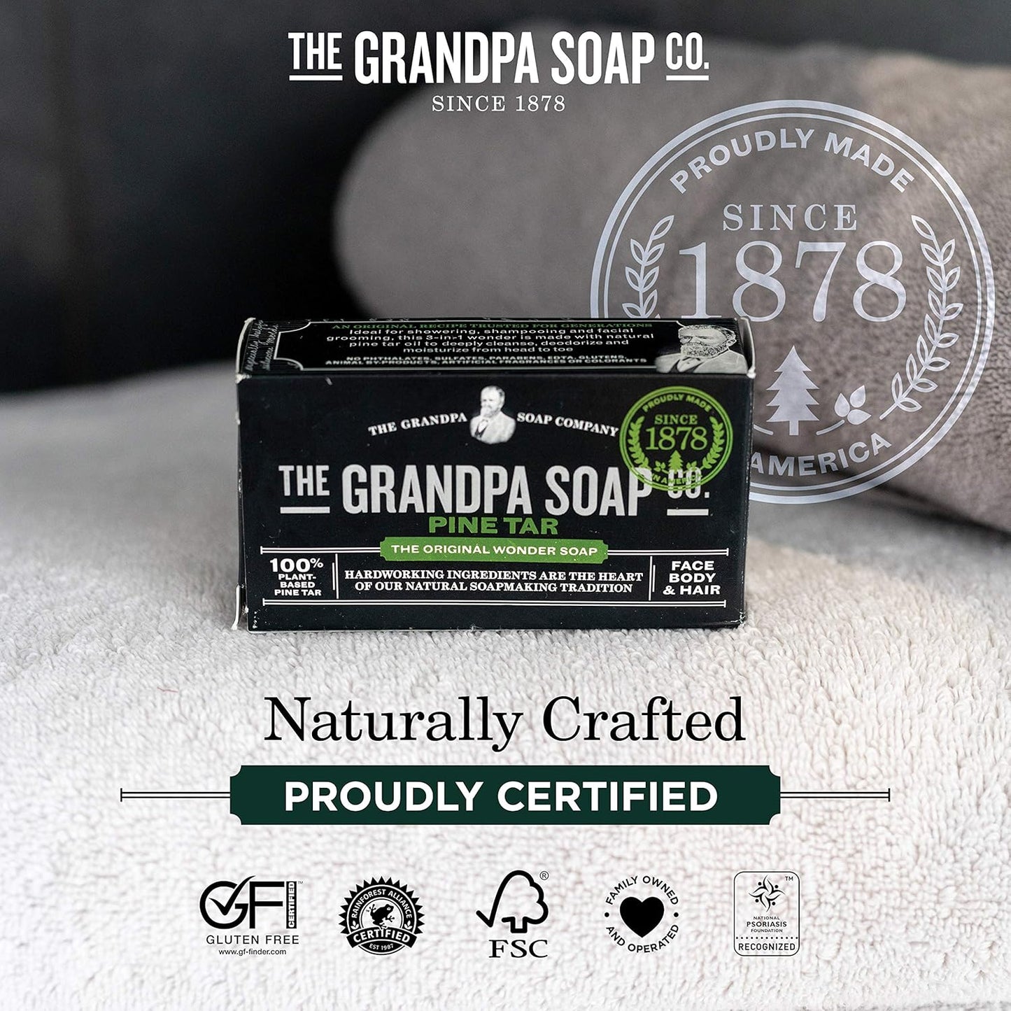 The Grandpa Soap Company Pine Tar Bar Soap for Men- Made With Pine Tar Oil, 3 in 1 Cleanser Deodorizer and Moisturizer, Dermatologist Tested, Safe for Sensitive Skin, 3.25 Oz, 6 Pack