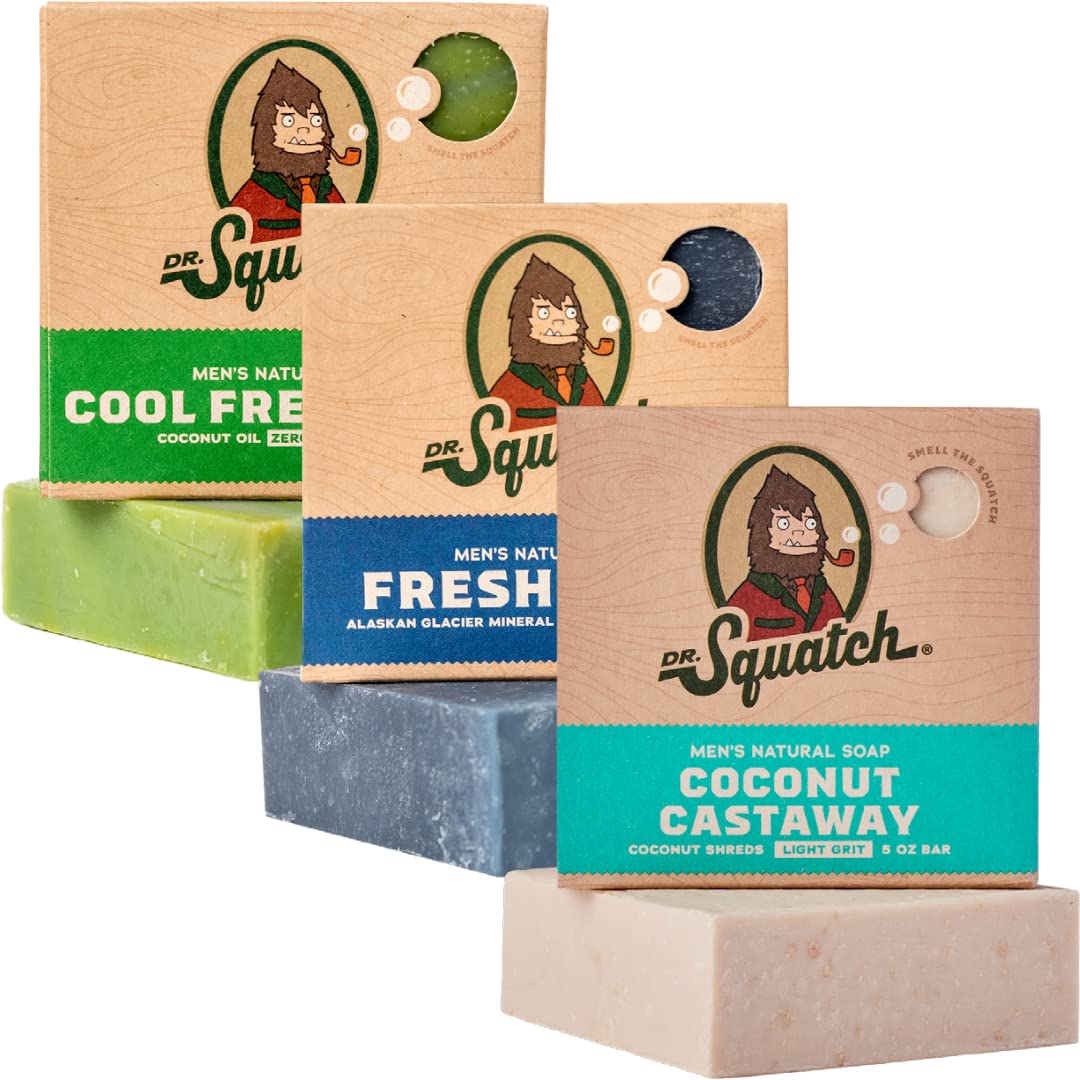 Dr. Squatch Natural Bar Soap for Men - Cold Process Soap with No Harsh Chemicals - Wood Barrel Bourbon, Fresh Falls & Birchwood Breeze (5 oz, 3-Pack)