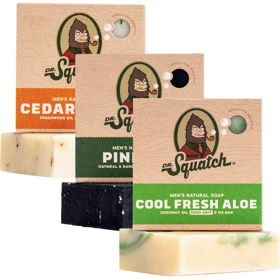 Dr. Squatch Natural Bar Soap for Men - Cold Process Soap with No Harsh Chemicals - Wood Barrel Bourbon, Fresh Falls & Birchwood Breeze (5 oz, 3-Pack)