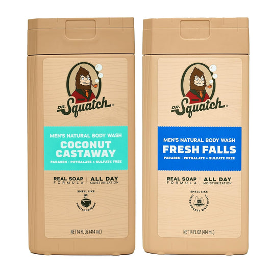 Dr. Squatch NEW Body Wash for Men with Nourishing, Natural Ingredients | No Paraben, Phthalate, Sulfate | All Day Moisture | Long Lasting Scent | Pine Tar & Coconut Castaway (14 oz, 2-Pack)